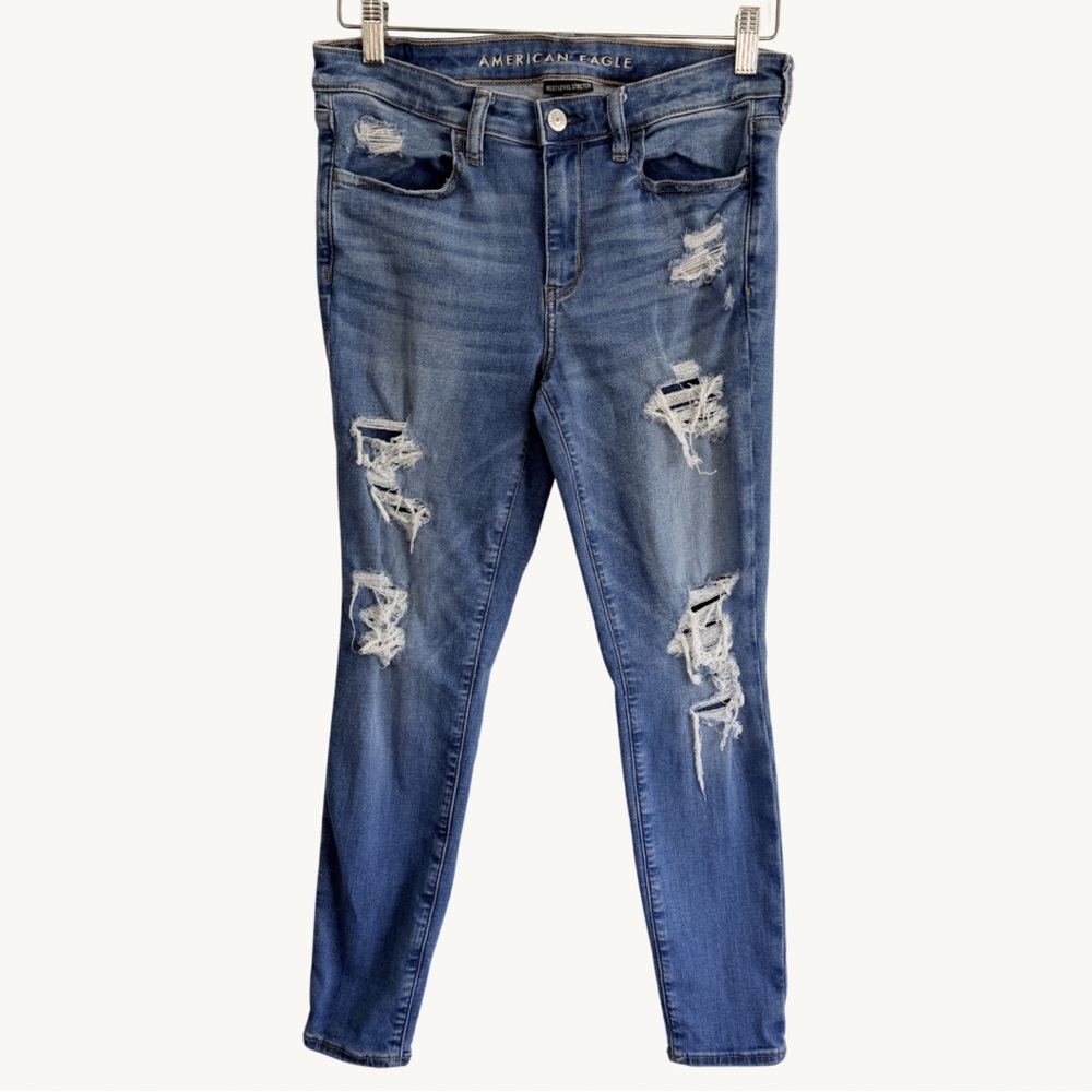 American Eagle Next Level Stretch Blue Distressed Jeggings Jeans Size 8 Short 8S